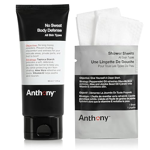 Anthony No Sweat Body Defenseand Shower Sheet Bundle - Anti-Chafing, Anti-Itch Cream-to-Powder - 3 Fl. Oz and 1 Shower Sheet, Protects Skin from