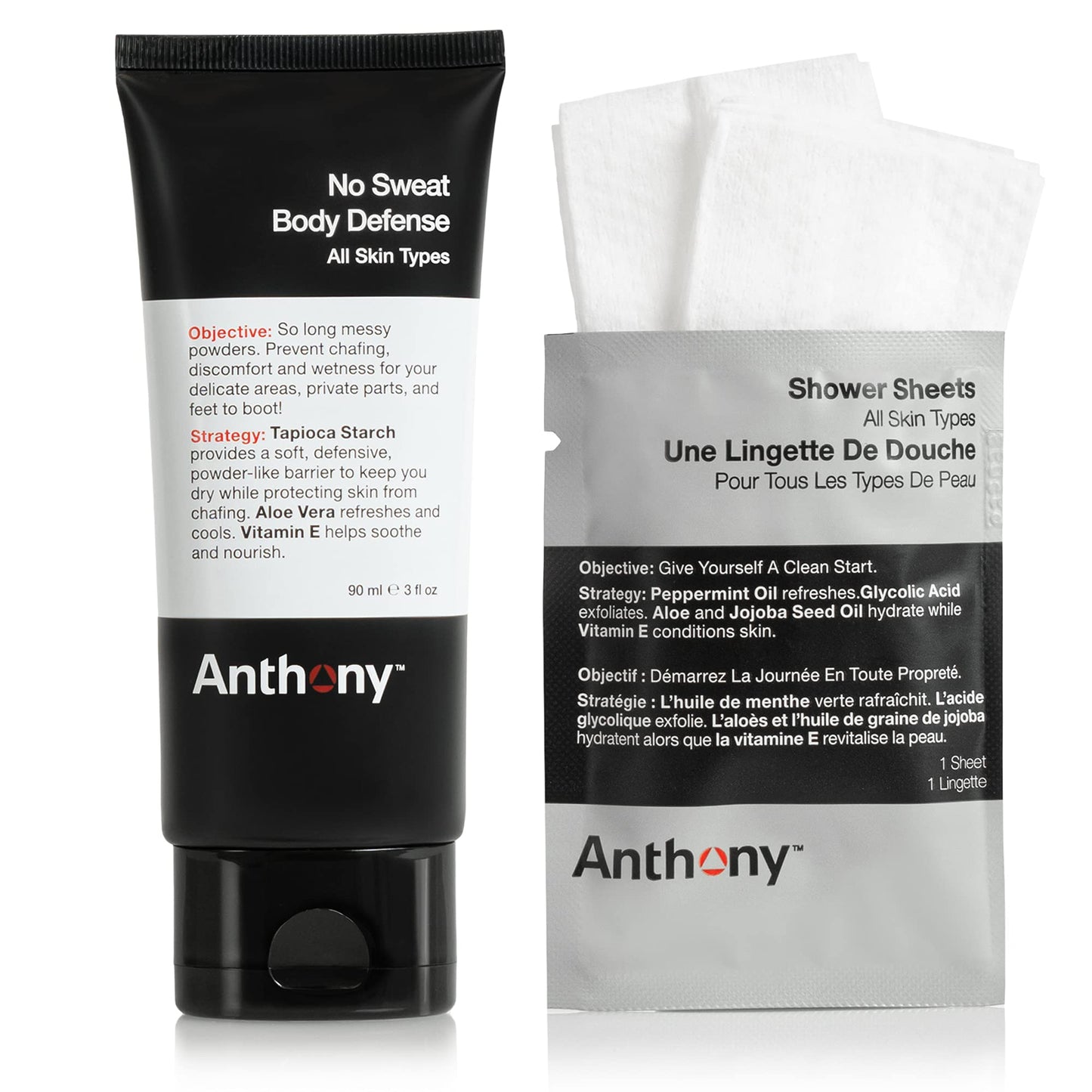 Anthony No Sweat Body Defenseand Shower Sheet Bundle - Anti-Chafing, Anti-Itch Cream-to-Powder - 3 Fl. Oz and 1 Shower Sheet, Protects Skin from