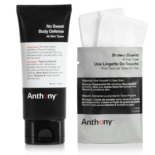 Anthony No Sweat Body Defenseand Shower Sheet Bundle - Anti-Chafing, Anti-Itch Cream-to-Powder - 3 Fl. Oz and 1 Shower Sheet, Protects Skin from