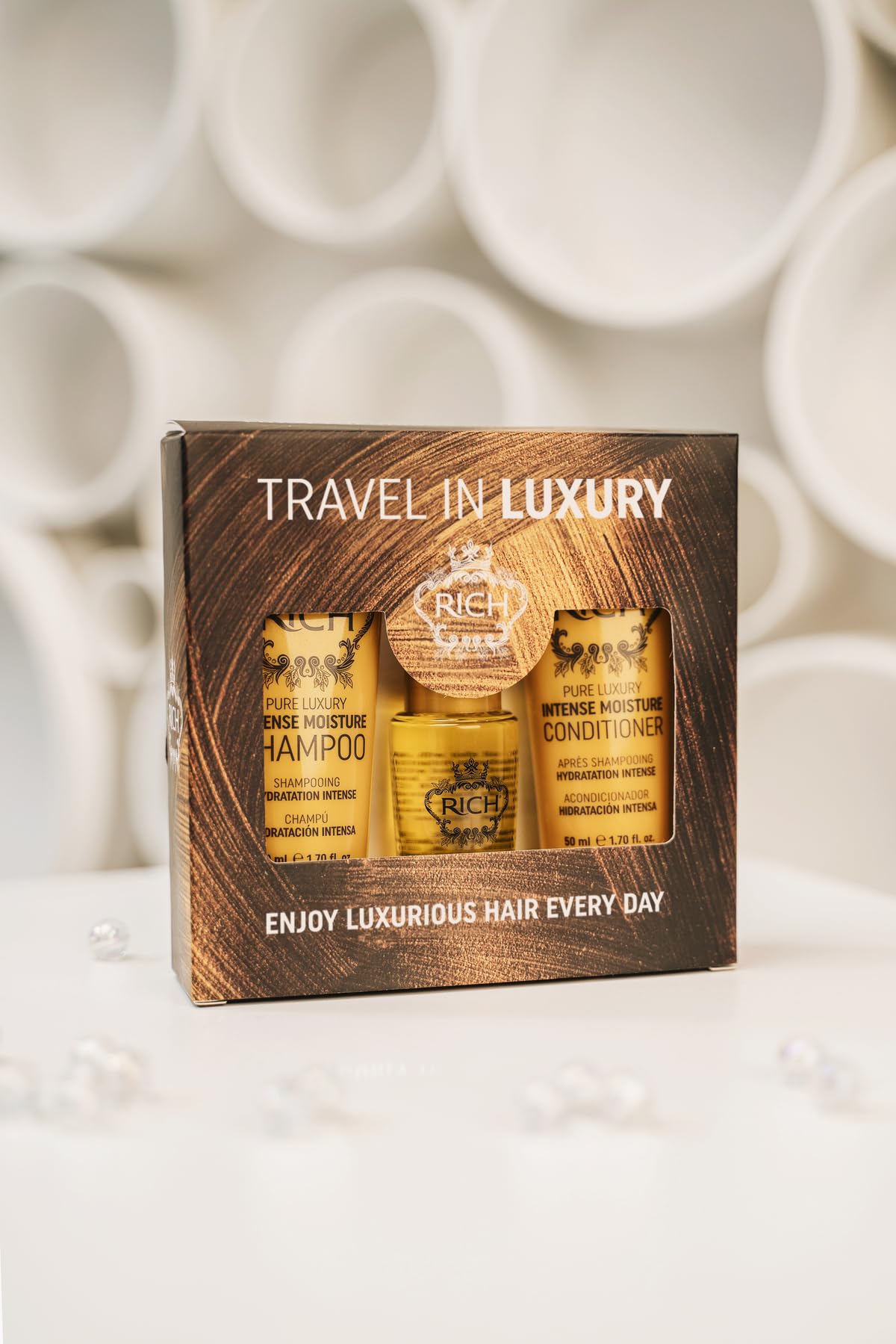 RICH Travel in Luxury Gift Set - Intense Moisture Shampoo 1.70 Fl Oz, Conditioner 1.70 Fl Oz, Argan Oil Elixir 1.0 Fl Oz for moisturzing hair