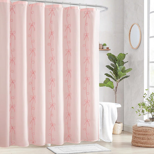Seasonwood Pink Bow Shower Curtain Cute Fabric Shower Curtain 72 x 72 Inches, Aesthetic Embroidered Textured Shower Curtains Elegant Peach Pretty…