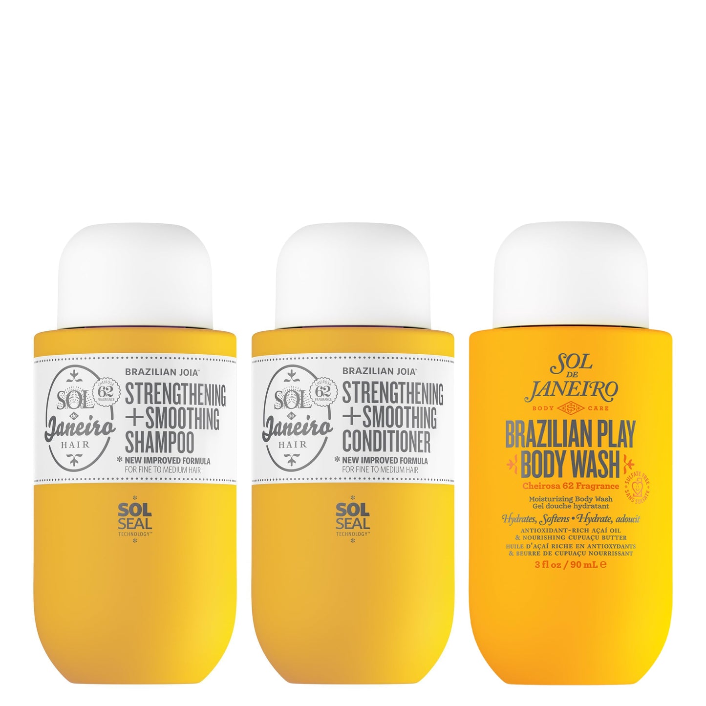 Sol de Janeiro Ultimate Shower Bundle | Travel Size Mini Brazilian Play Moisturizing Shower Cream Gel Body Wash + Brazilian Joia Damage Repairing