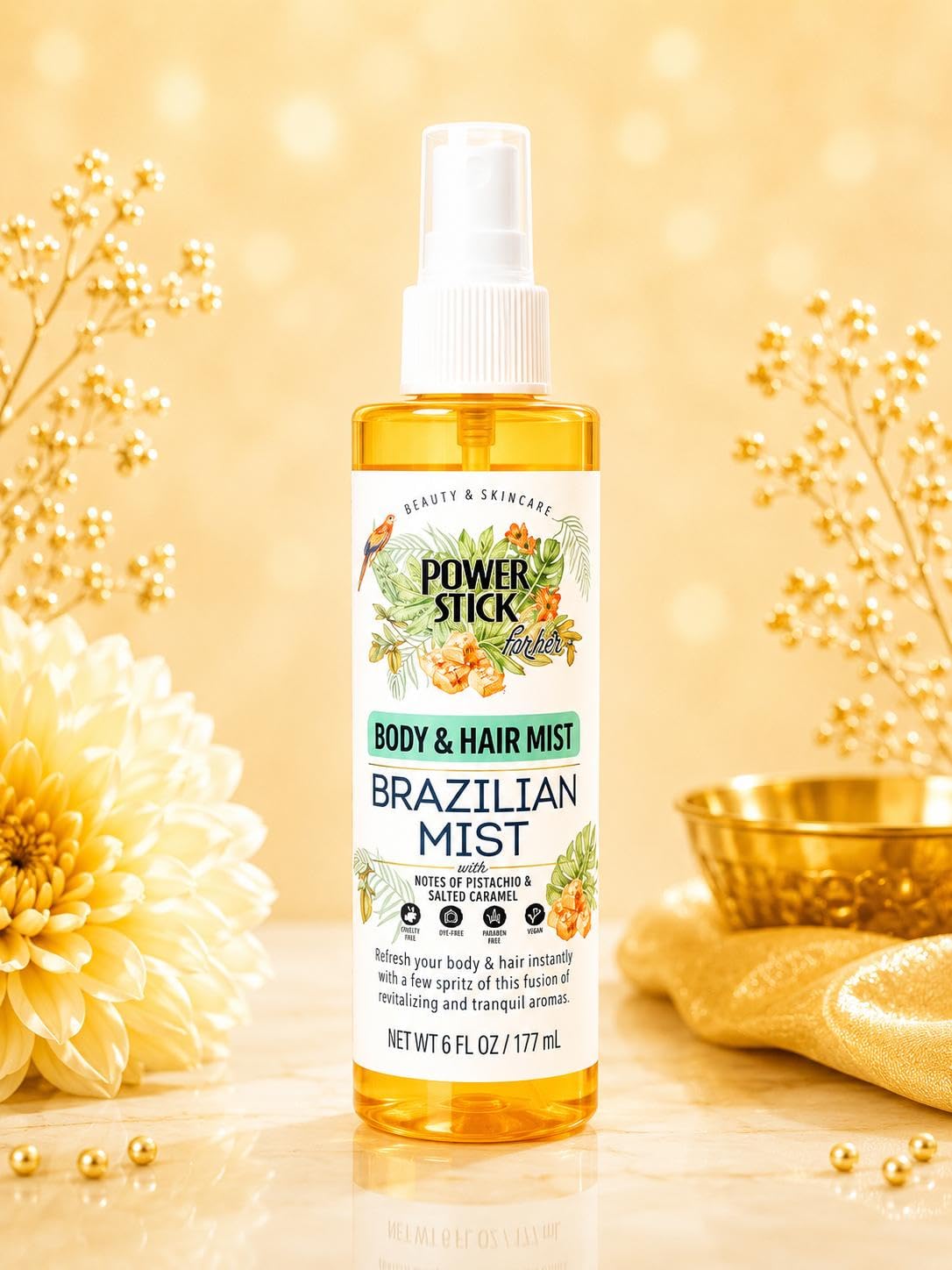 Power Stick for Her Brazilian Mist Body & Hair Mist, Pistachio & Salted Caramel Scent, 6 Fl Oz, Dye-Free, Paraben-Free