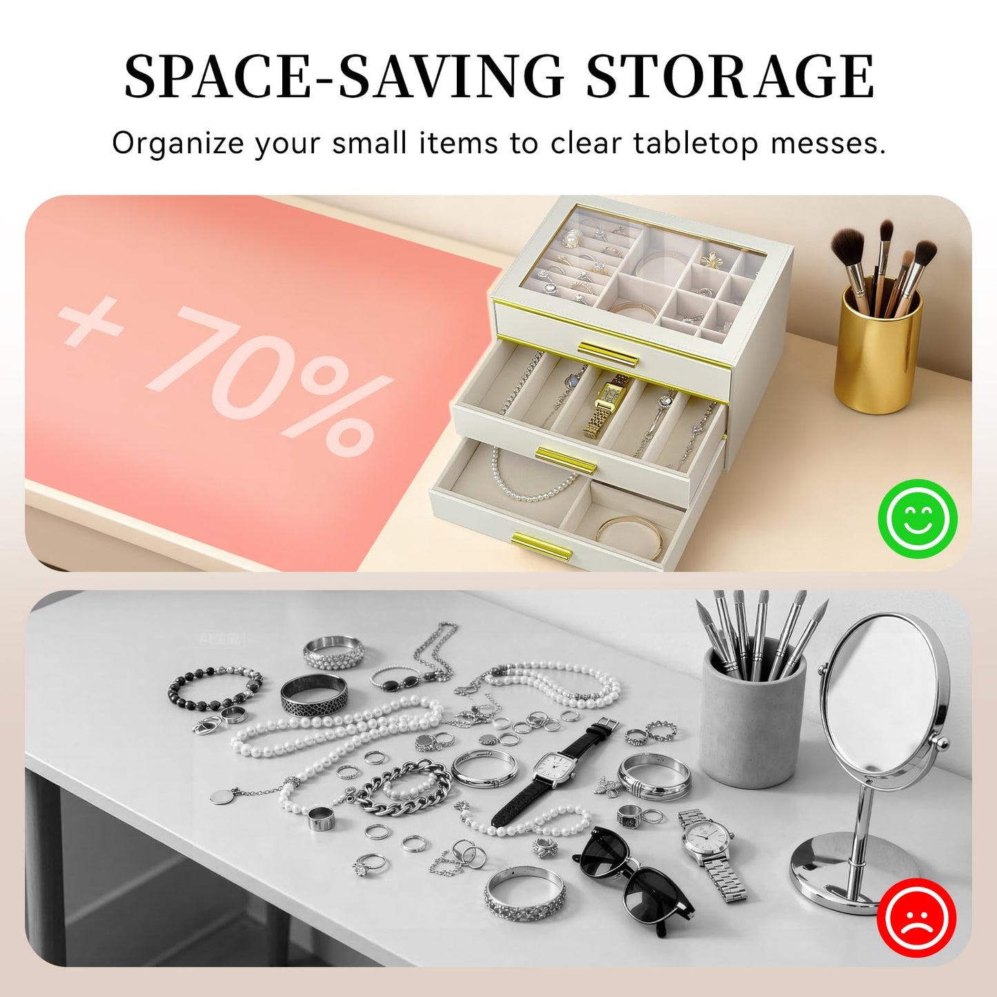 3 Layer Drawer Jewelry Box for Women, Glass Lid Jewelry Organizer for Necklaces Ring Earring Bracelets Watch ，Suitable for Indoor Fashion room…