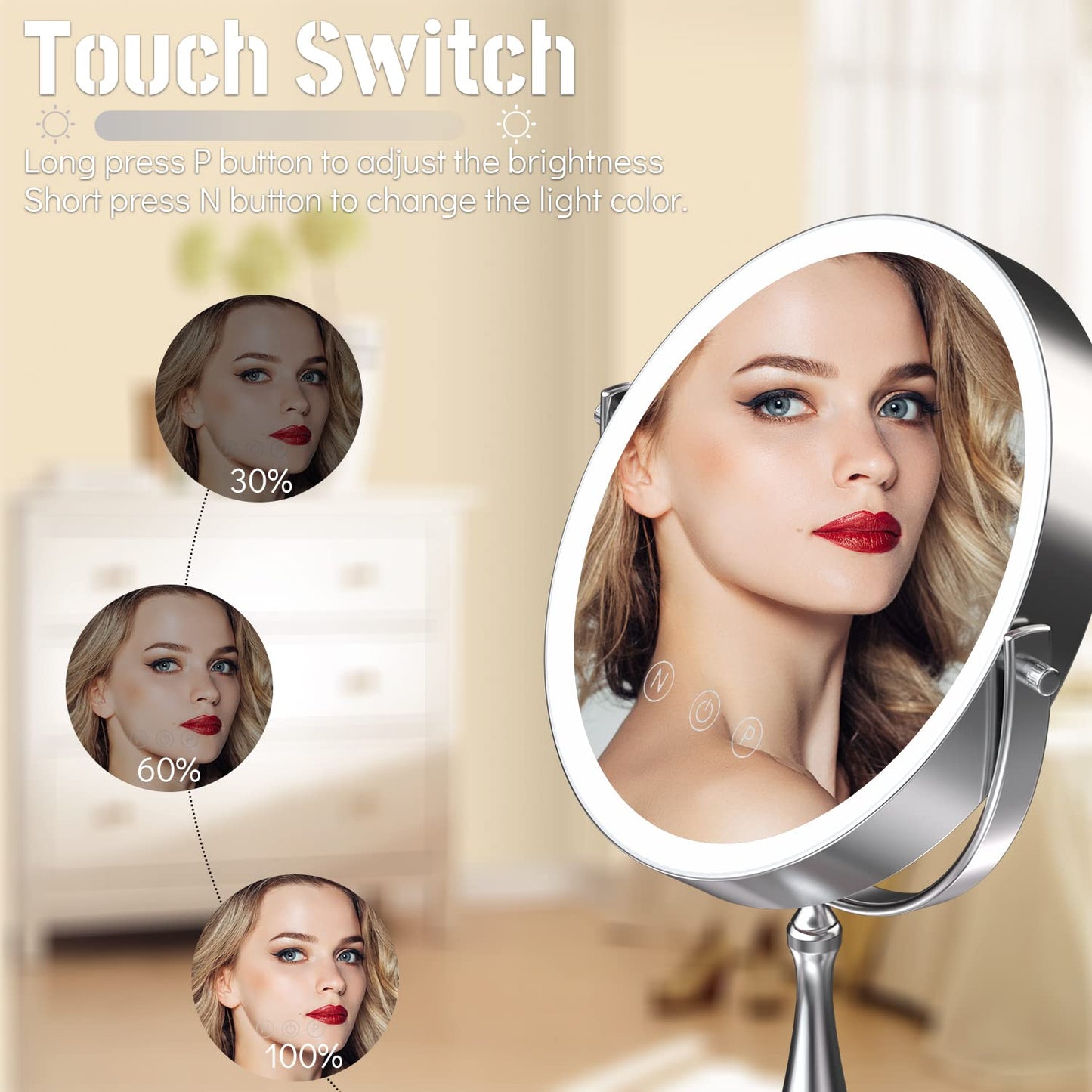 WIZCHARK 9" Large Lighted Makeup Mirror, 1X/10X Magnifying Vanity Mirror with 3 Colors Dimmable Lightning, 80 LED Lights, 360°Rotation Double Sided