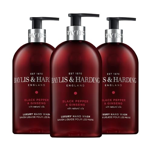 Baylis & Harding Liquid Hand Soap Wash with Dispenser, Black Pepper & Ginseng for Men, 16.9oz/500ml (3-Pack)