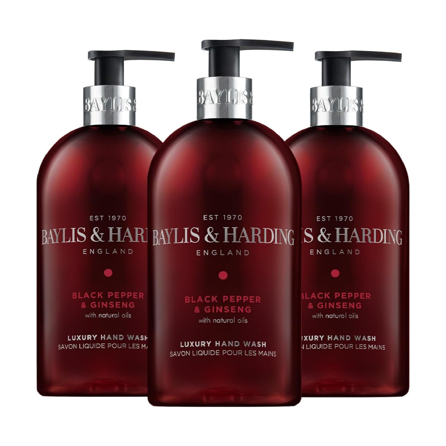 Baylis & Harding Liquid Hand Soap Wash with Dispenser, Black Pepper & Ginseng for Men, 16.9oz/500ml (3-Pack)