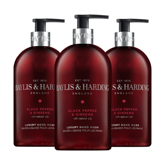 Baylis & Harding Liquid Hand Soap Wash with Dispenser, Black Pepper & Ginseng for Men, 16.9oz/500ml (3-Pack)