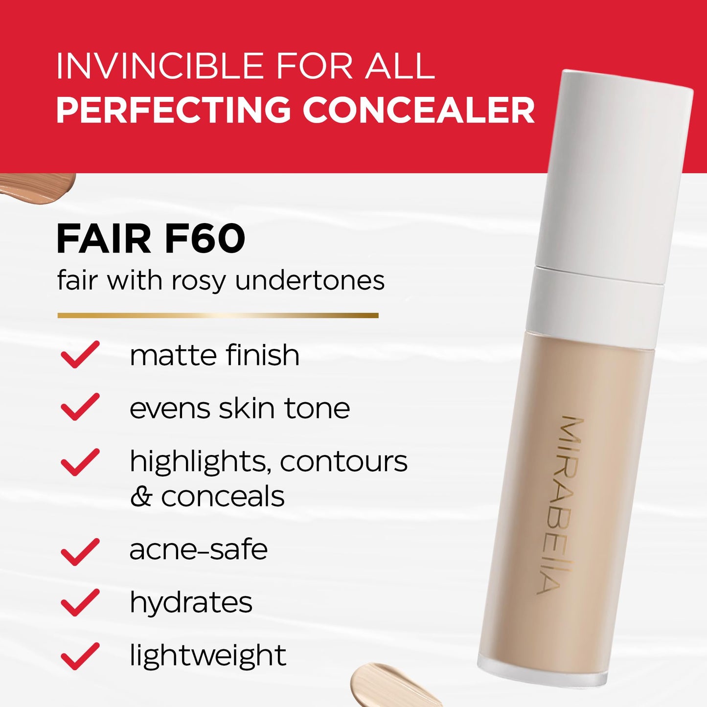 Mirabella Invincible For All Perfecting Under Eye Concealer Full Coverage - Hydrating Makeup Concealer for Dark Circles, Fine Lines & Wrinkles