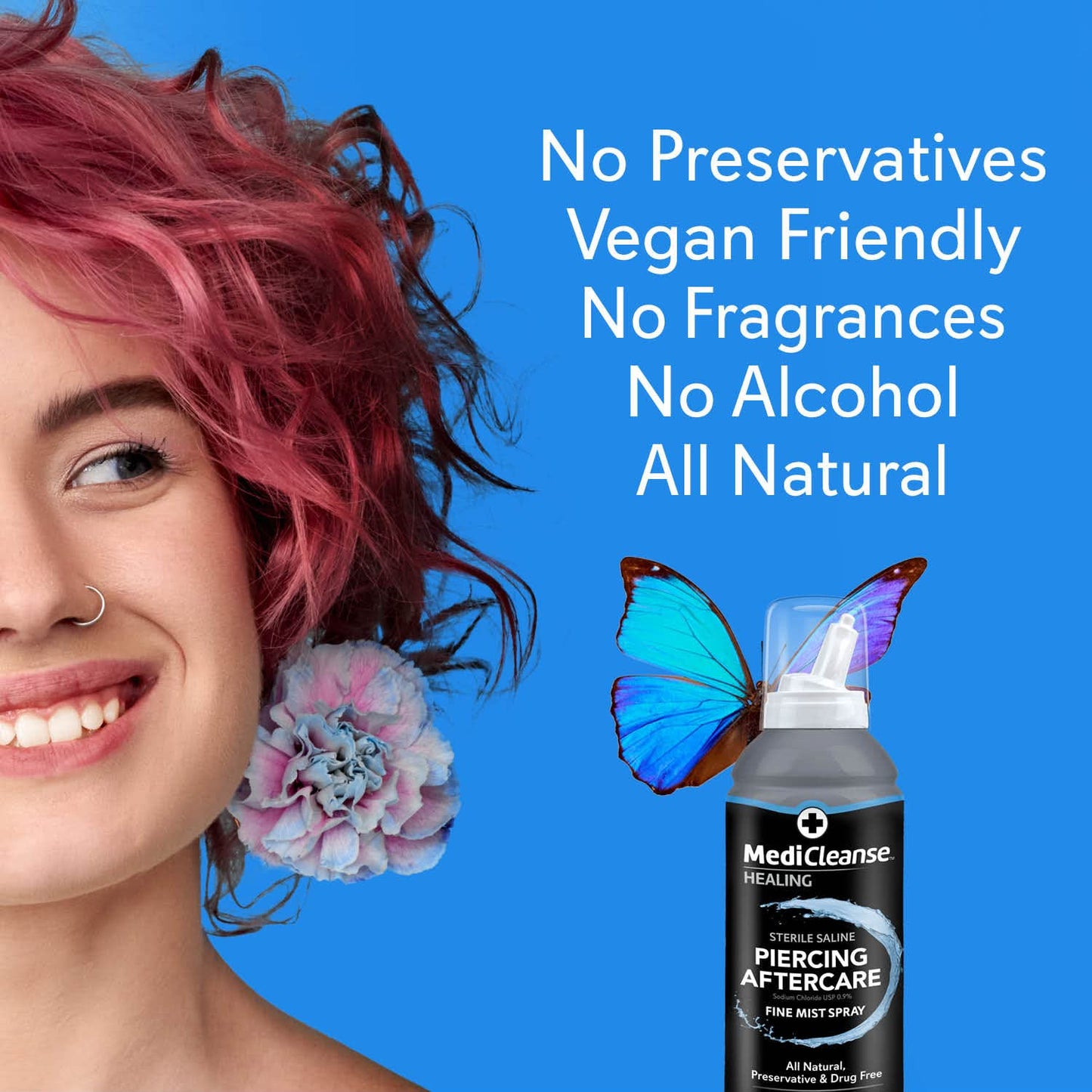 MediCleanse Sterile Saline Piercing Aftercare Fine Mist Spray, 7.5 Ounce, All Natural, No Alcohol, Vegan Friendly, for Piercings and Tattoos, Made in Beauty and Personal Care MediCleanse