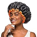 mikimini Black Shower Cap, Double Layers Waterproof Bathing Hair Cap with Reusable Soft Comfortable PEVA Lining, Cute, Non-fading & Stretchy Shower