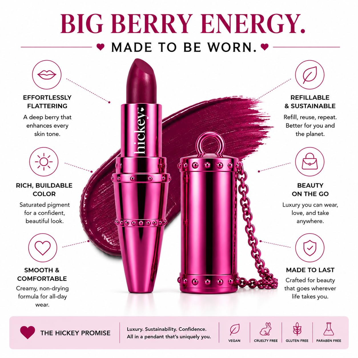 Hickey Refillable Pendant Lipstick, Big Trouble[Berry Wine] - Wearable Satin Lip Color on a Chain, Refillable Clean Beauty, Full Lipstick Included