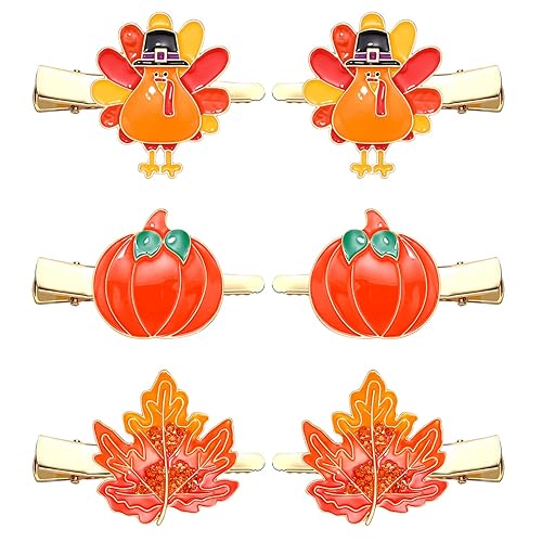 HZEYN 6 Pack Thanksgiving Hair Clip Fall Pumpkin Maple Leaf Turkey Hair Clips for Women Autumn Fall Hair Barrette Accessory Holiday Gifts