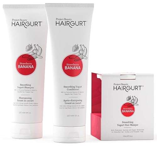 Hairgurt Strawberry Banana Smoothing Hair Care Set - Shampoo + Conditioner + Mask - Frizz Control for Color-Treated Hair - Natural & Sulfate-Free