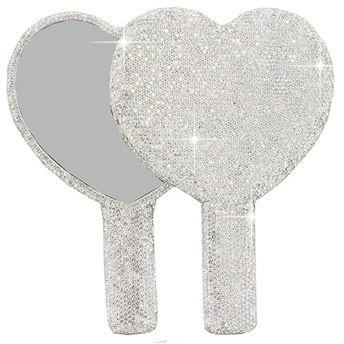 Bestbling Bling Rhinestone Heart Handheld Mirror - Portable & Dazzling Makeup Mirror for On-The-Go Touch-ups (Plastic White)