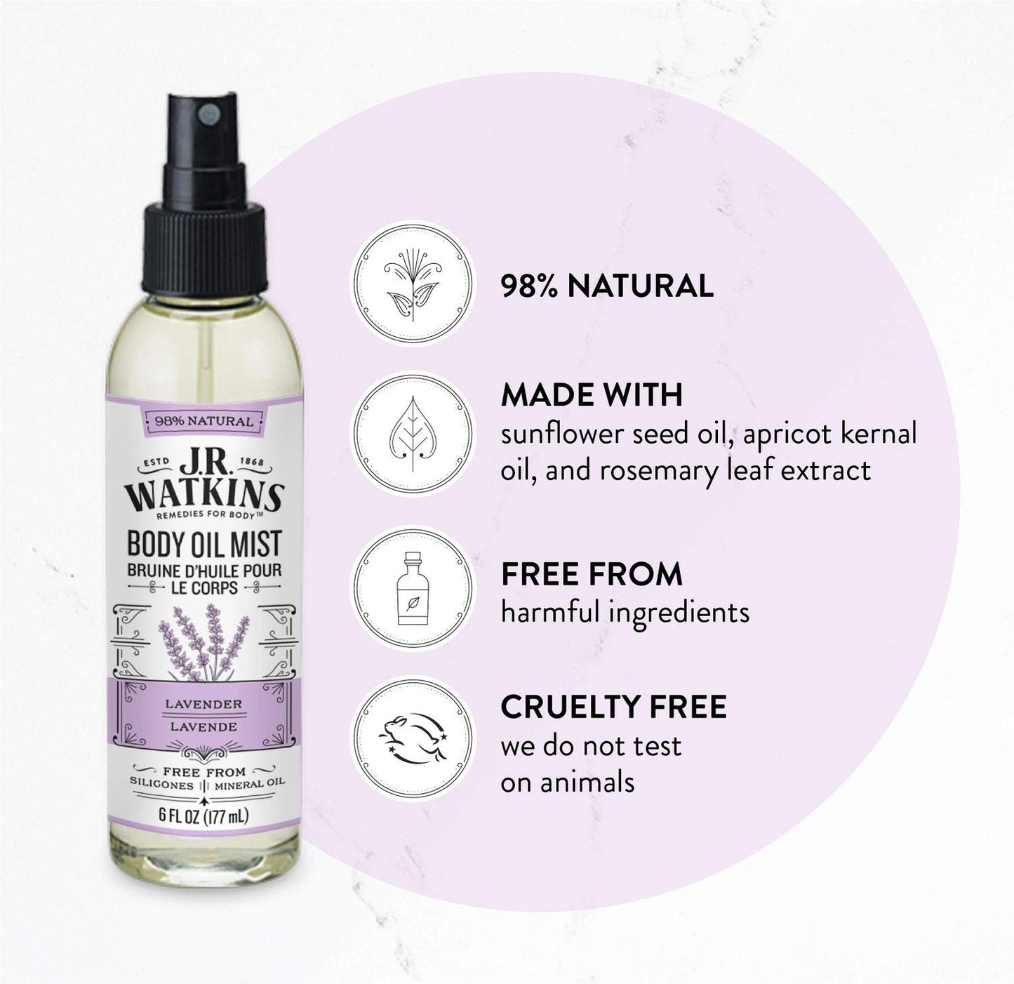 J.R. Watkins Natural Hydrating Body Oil Mist, Moisturizing Body Oil Spray for Glowing Skin, and Cruelty-Free, Lavender, 6 fl oz, Single