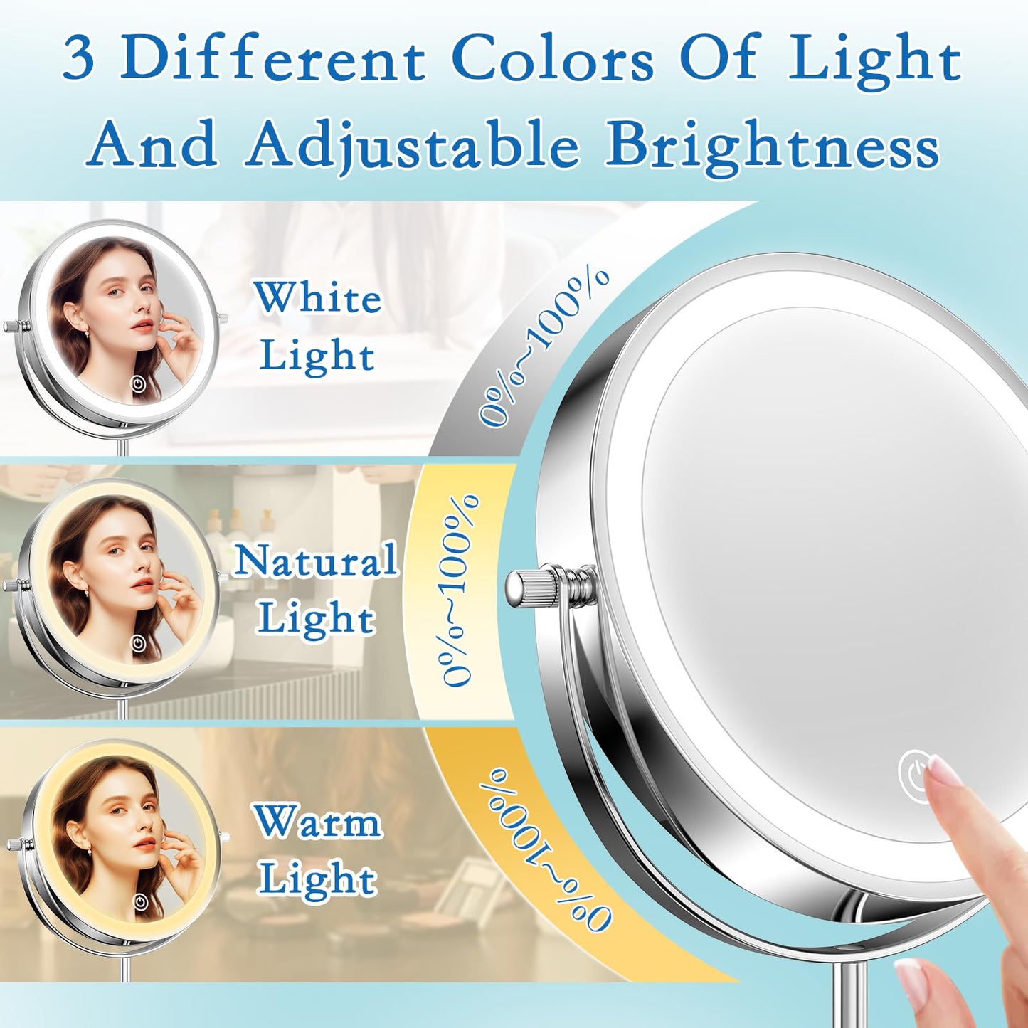 Niuphia Vanity Mirror with Lights 7" Rechargeable 1x/10x Lighted Makeup Mirror Adjustable Height Double Sided Mirror with Lights 360°Rotating Makeup