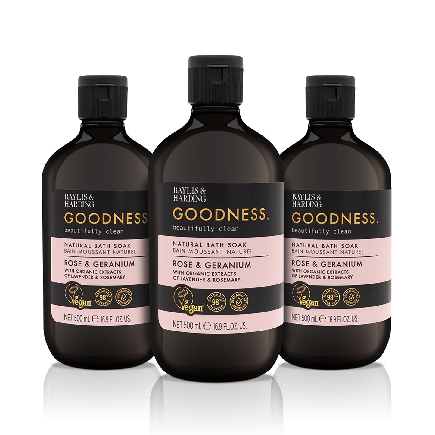 Baylis & Harding Goodness Rose & Geranium Natural Bath Soak 16.9 fl. oz (Pack of 3) - Biodegradable Formula - Vegan Friendly