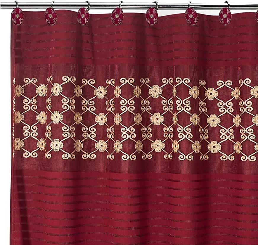 Popular Bath Shower Curtain, Vlegant Rosa Collection, 70" x 72", Burgundy/Gold