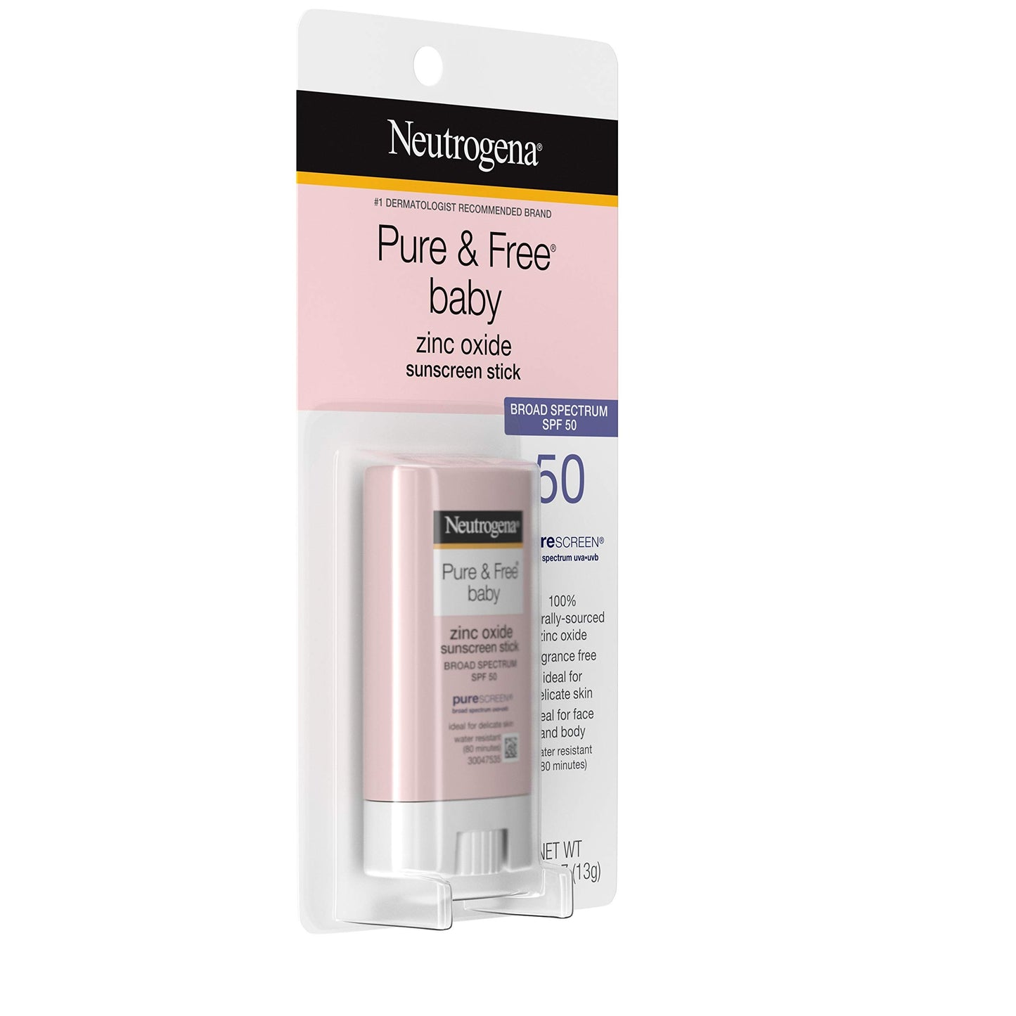 Neutrogena Pure & Free Baby Mineral Sunscreen Stick with Broad Spectrum SPF 50 & Zinc Oxide, Water-Resistant, Hypoallergenic, Paraben-, Dye-