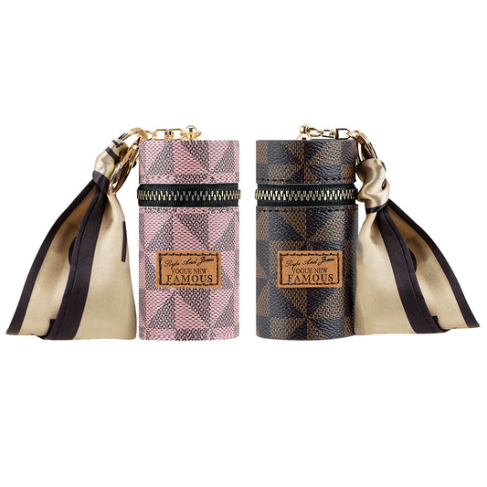 Adorila 2 Pack Lipstick Organizer, Leather Lip Gloss Bag with Keychain, Portable Mini Lipstick Case for Purse (Brown, Pink)