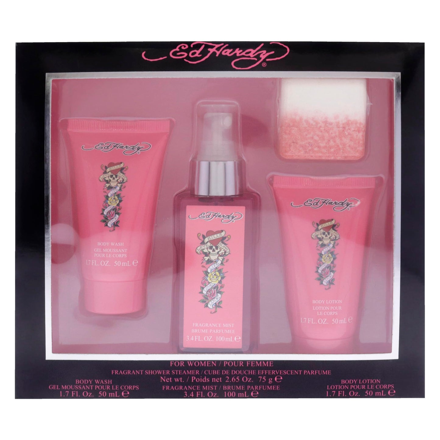 Ed Hardy 4 Pieces Gift Set for Women, (3.4 Ounce Body Mist + 1.7 Ounce Body Lotion + 1.7 Ounce Body Wash + 2.65 Ounce Shower Steamer)