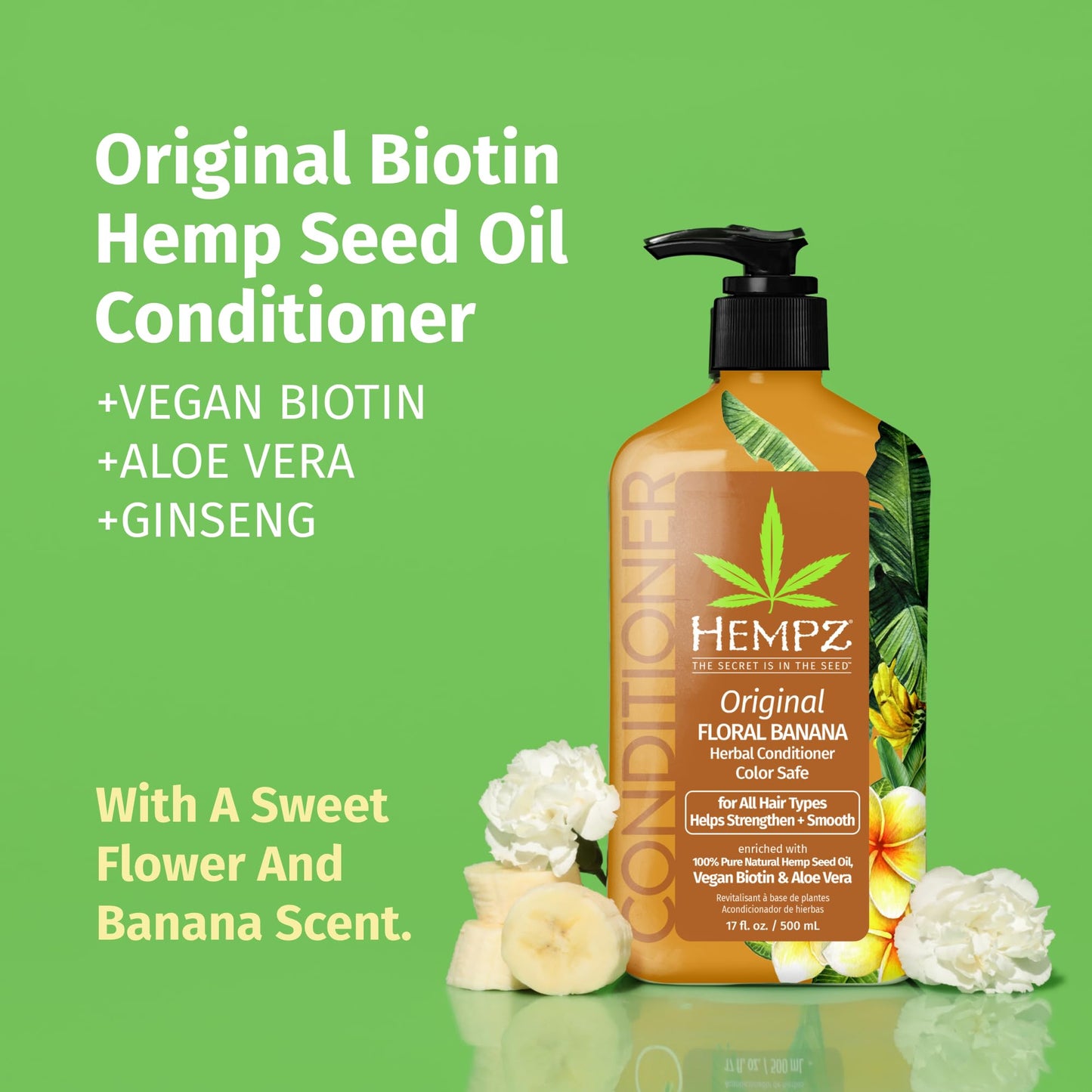 Hempz Biotin Conditioner - Original Light Floral & Banana - For Growth & Strengthening of Dry, Damaged and Color Treated Hair, Hydrating, Softening