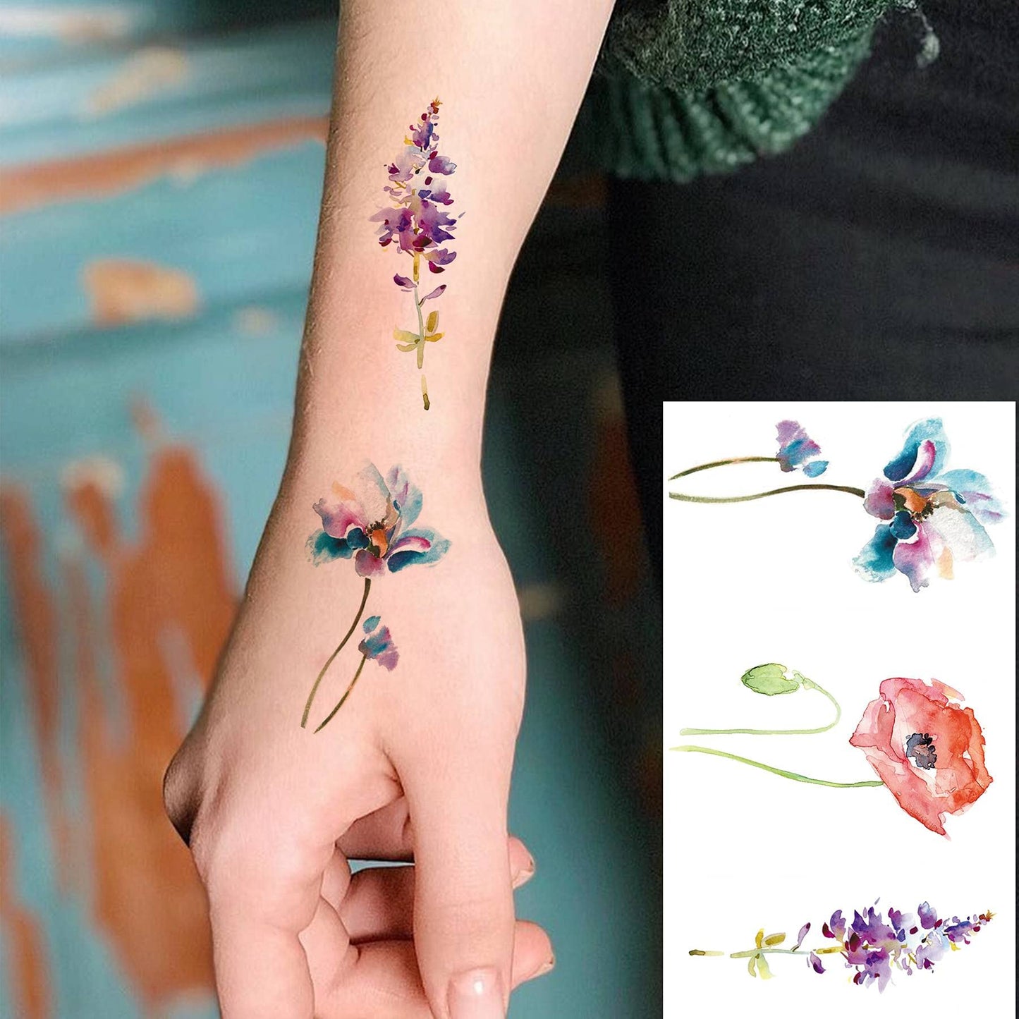 COKTAK 12Pieces/Lot 3D Watercolor Lavender Flower Temporary Tattoos For Women Body Art Arm Fake Flora Adults TattooSticker Waterproof Girls Tatoos Beauty and Personal Care COKTAK