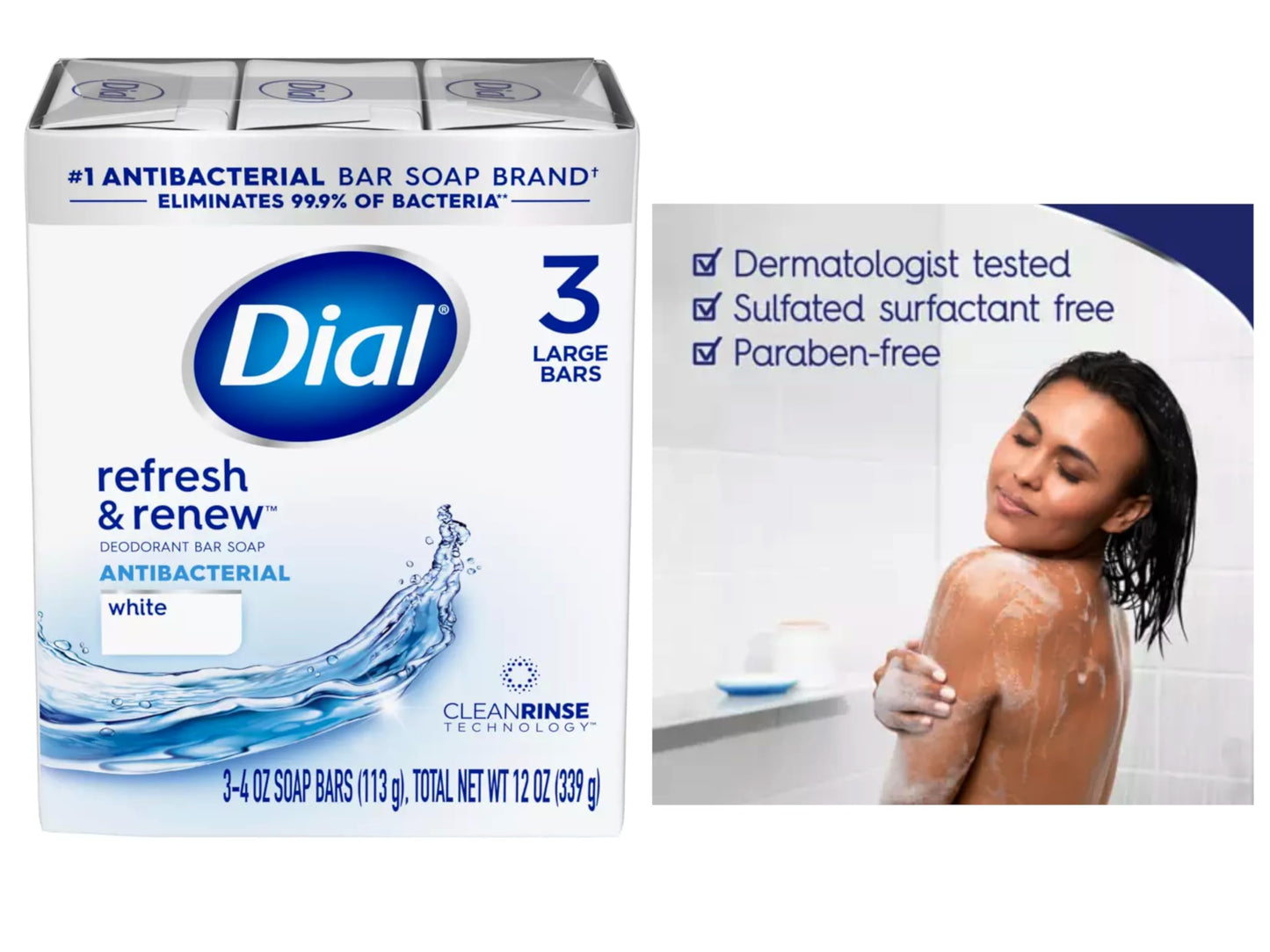Dial Antibacterial Bar Soap, Refresh & Renew, White, 3-4 OZ Soap Bars - 2 Pack