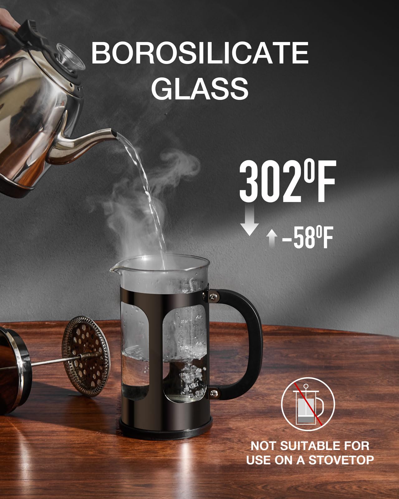 BAYKA 34oz French Press Coffee Maker – Borosilicate Glass & Stainless Steel, Large Portable Cold Brew Cafetera for Kitchen & Travel, Dark Pewter