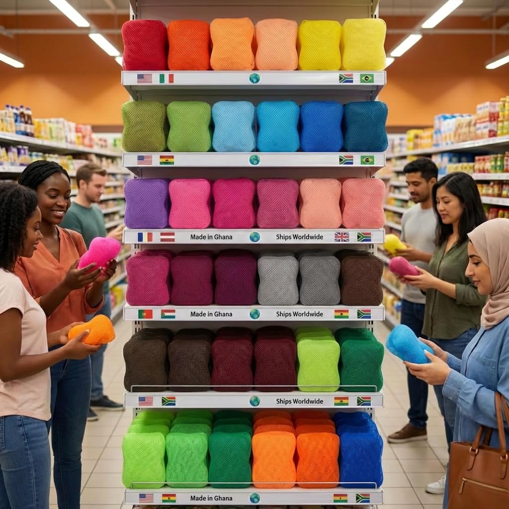 African net Sponge Authentic with Knots, Real, Long, exfoliating net Sponge with 12 Colors for Sale Made for Both Men and Women as a Hygiene Essential Beauty and Personal Care AFRICANA BEAUTY