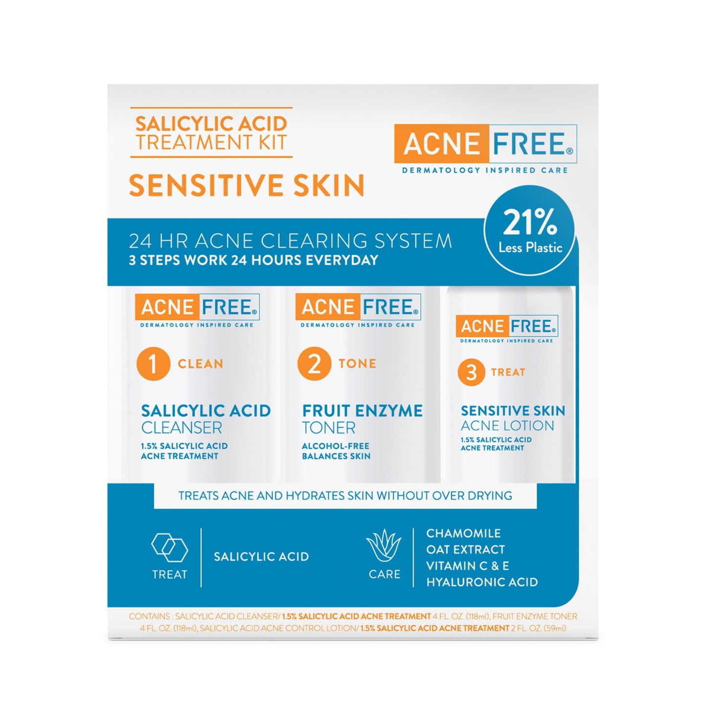 AcneFree 24Hr Acne Clearing System for Sensitive Skin, 3-Step Kit with 1.5% Salicylic Acid - Gentle, Alcohol-Free Cleanser, Toner & Lotion