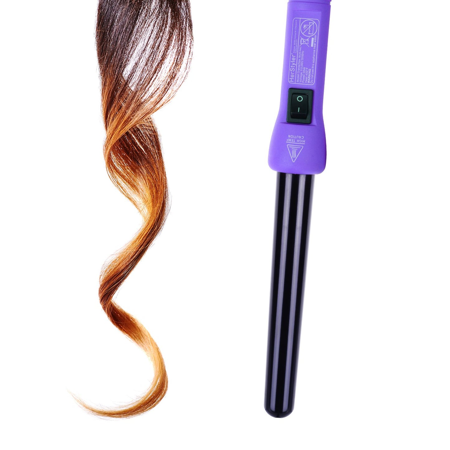 Herstyler Grande Ceramic Tapered Curling Wand - 1 inch Dual Voltage with Negative Ions for Long and Short Hair (Purple)