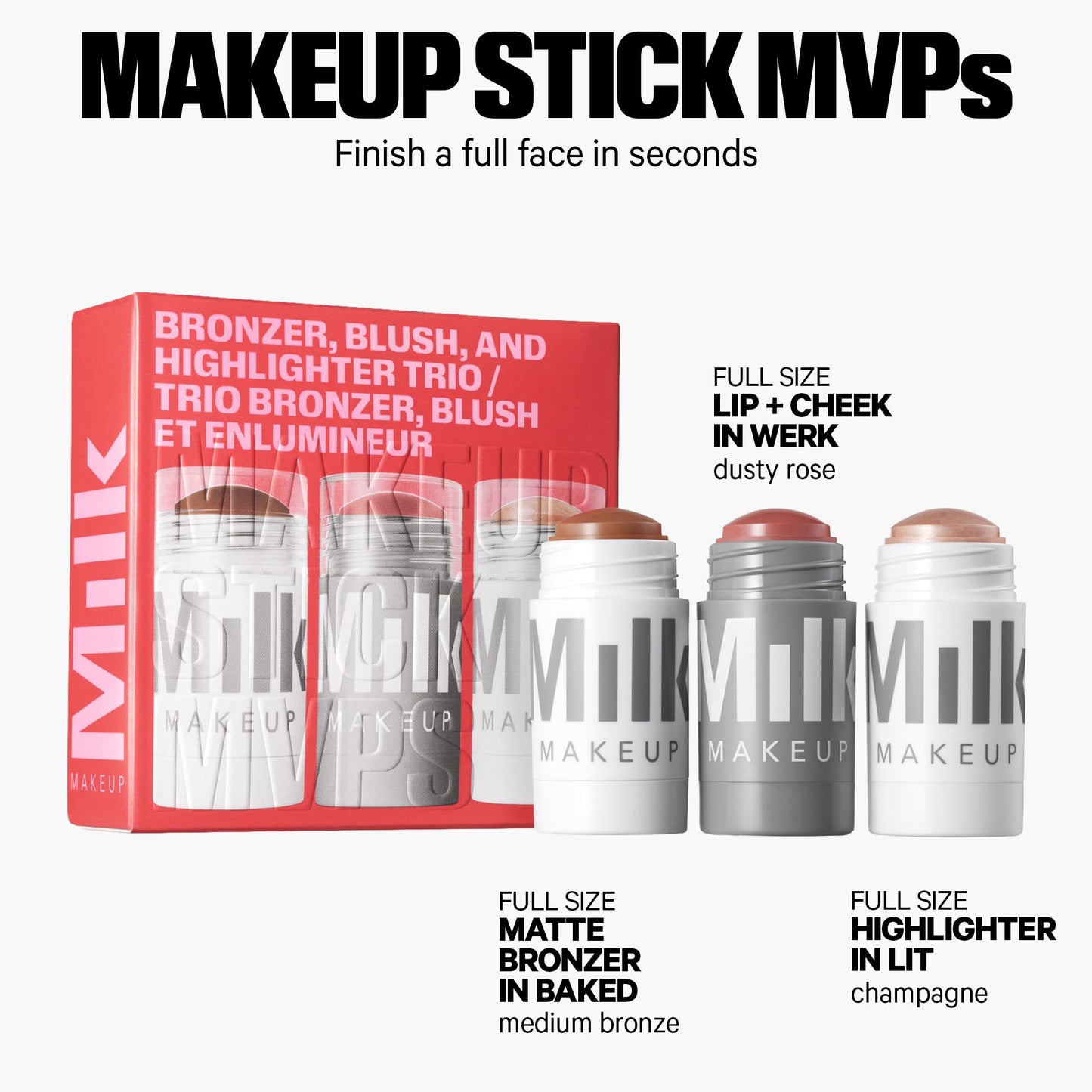 Milk Makeup Bronzer, Blush + Highlighter Full Size Trio - Bronzer in Baked .19oz, Cream Blush + Lip Color in Werk (Dusty Rose) .21oz + Highlighter