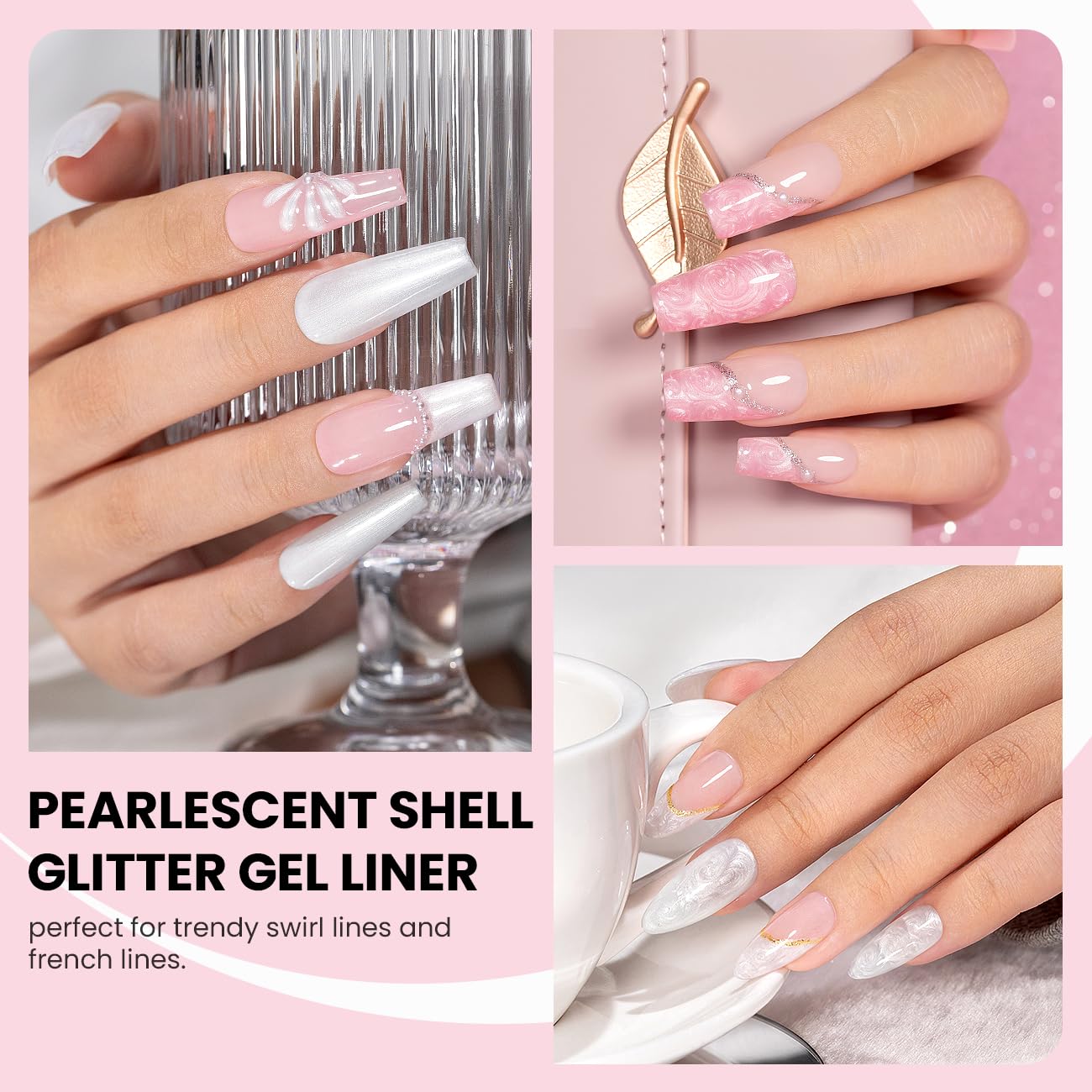RARJSM Pearl Nail Art Gel Liner 2 Pcs Set Pearlescent Milky Silver White and Pink Shell Glitter Swirl Effect Gel Nail Polish 8ml Build in Thin Brush Beauty and Personal Care RARJSM