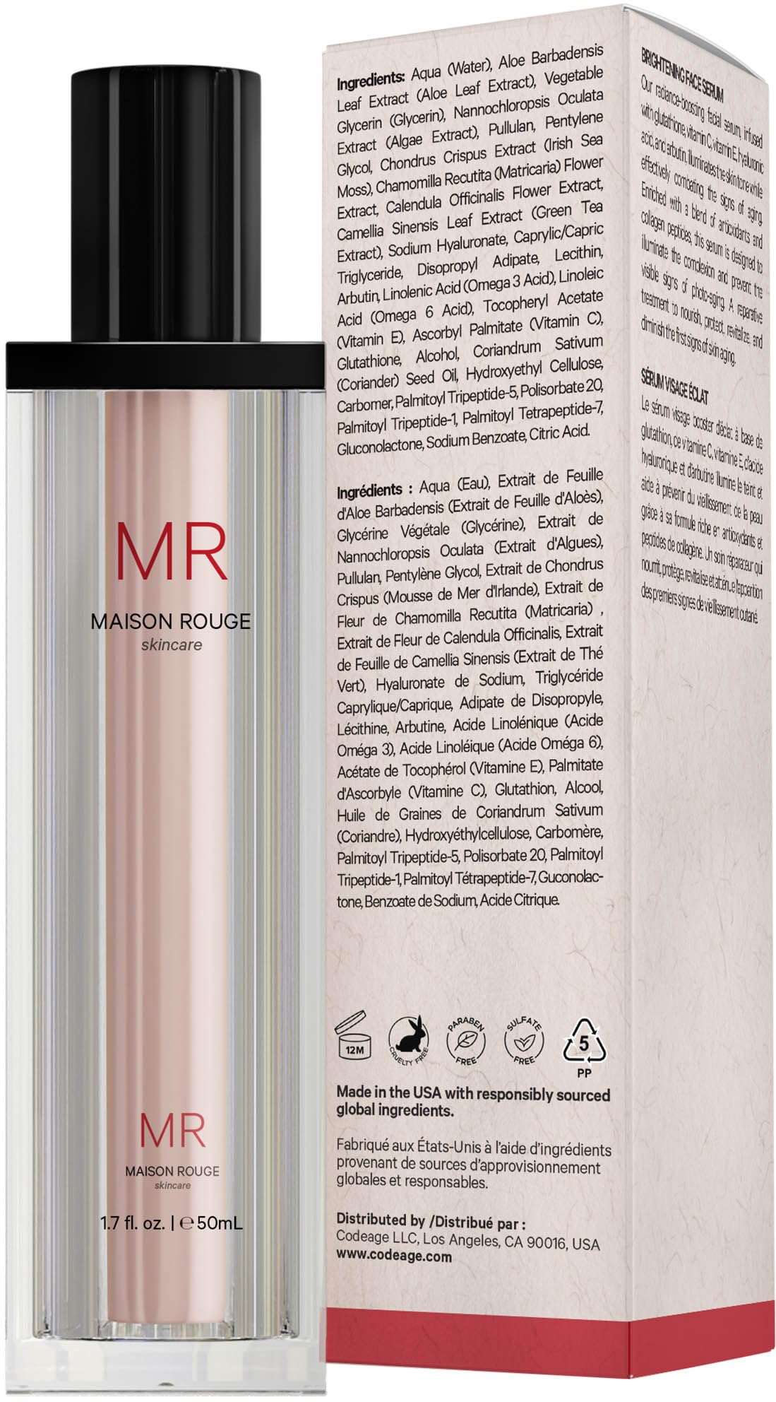 Maison Rouge Brightening Face Serum by Codeage - Glutathione Serum, Vitamin C, E, Hyaluronic Acid, Collagen - Radiance Enhancing - Parabens