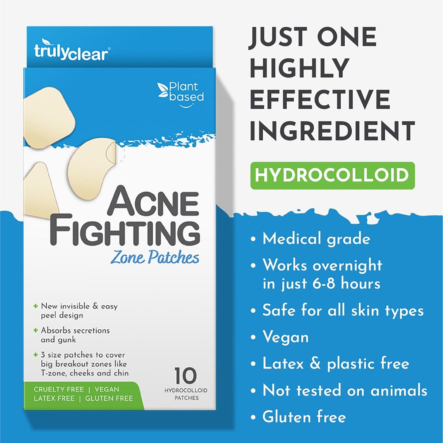 Truly Clear Large Acne Pimple Patches for Face & Body - 10 Count, Hydrocolloid Blemish & Zit Patches for Face & Body - Plant-Based, Cruelty-Free Acne