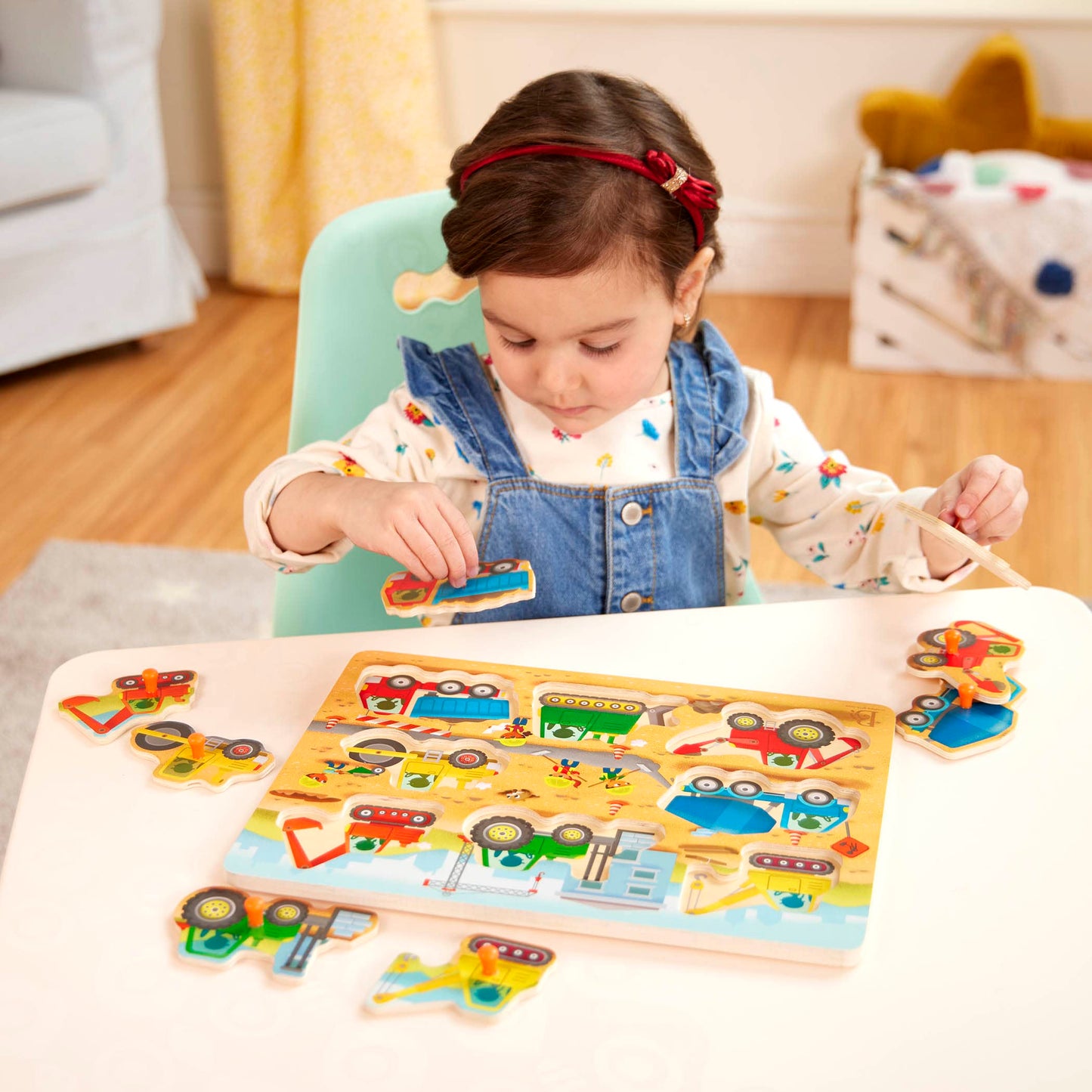 B. toys Peek & Explore Construction Trucks – Wooden Peg Puzzle for Toddlers 2+, 8 Truck Pieces Including Dump Truck, Cement Mixer & Excavator