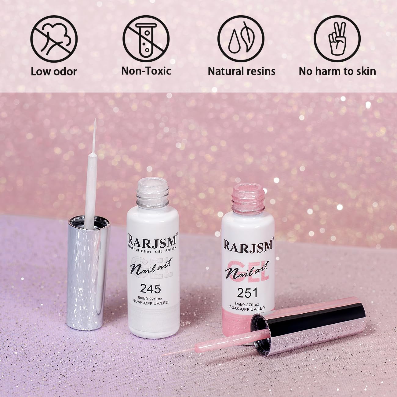 RARJSM Pearl Nail Art Gel Liner 2 Pcs Set Pearlescent Milky Silver White and Pink Shell Glitter Swirl Effect Gel Nail Polish 8ml Build in Thin Brush Beauty and Personal Care RARJSM