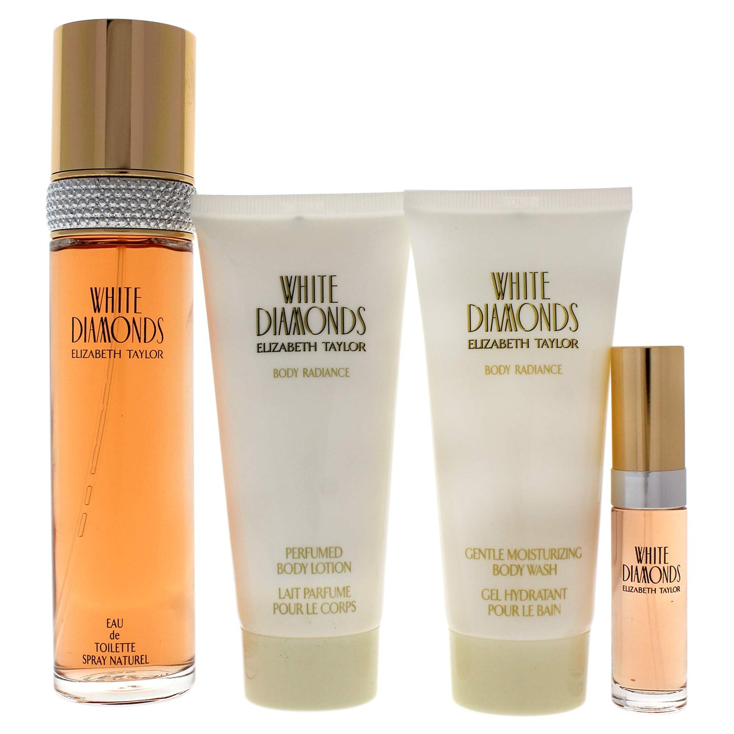 White Diamonds by Elizabeth Taylor for Women - 4 Pc Gift Set 3.3oz EDT Spray, 3.3oz Gentle Moisturizing Body Wash, Perfumed Body Lotion, 10ml EDT