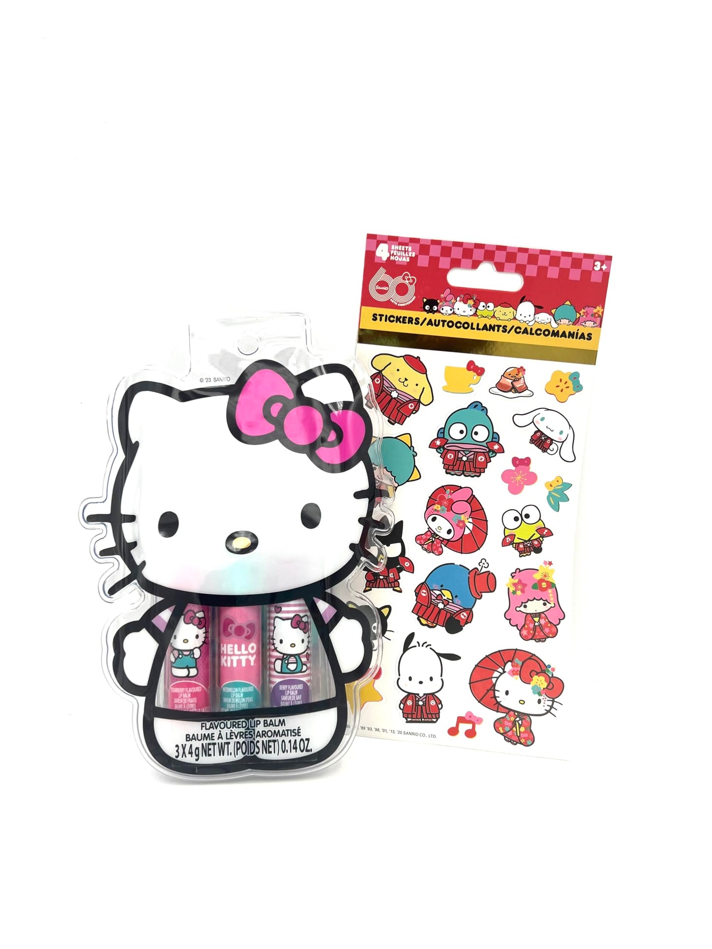 Hello Kitty Moisturizing Lip Balm 3-Pack Bundle with 4 Sheets Stickers, Travel Size Lip Balm for Kids. Flavors: Strawberry, Watermellon and Berry! Beauty and Personal Care Hello Kitty