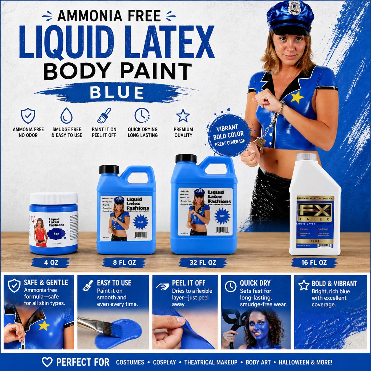 Liquid Latex Fashions Blue Body Paint for Adults and Kids, Ammonia Free, Cosplay Makeup, Creates Professional Monster, Zombie Arts, Easy On and Off- 4