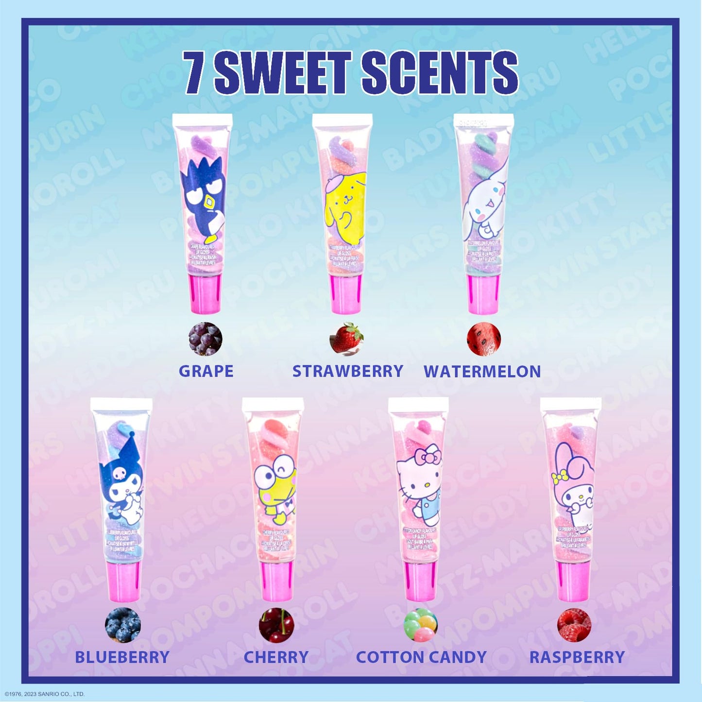 Townley Girl Hello Kitty and Friends 7 Piece Swirl Lip Gloss, Girls Kids Party Favors, Lip Set for Girls, Perfect for Birthday Gifts, Plant Based,