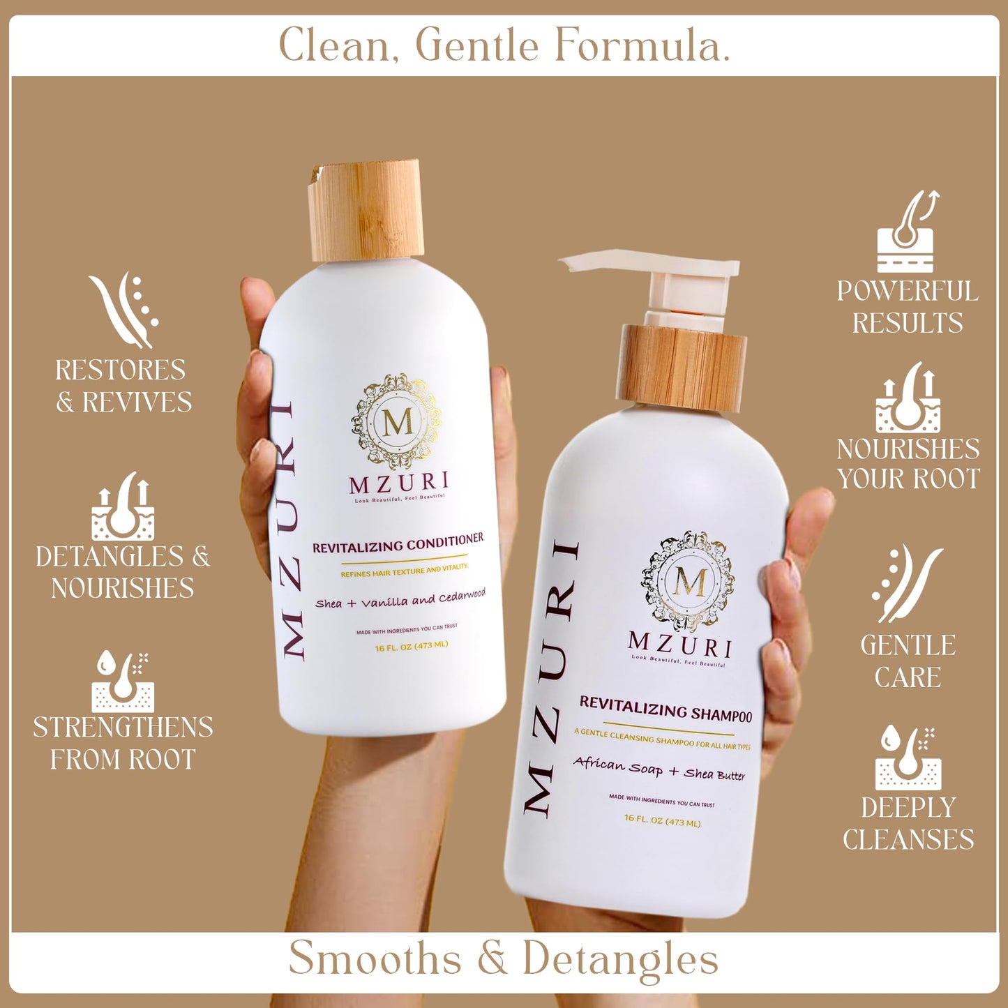 MZURI Shampoo & Conditioner Set - African Black Soap & Shea Shampoo + Vanilla Cedarwood Conditioner | Sulfate-Free Hydrating Cleanse, Detangling Frizz