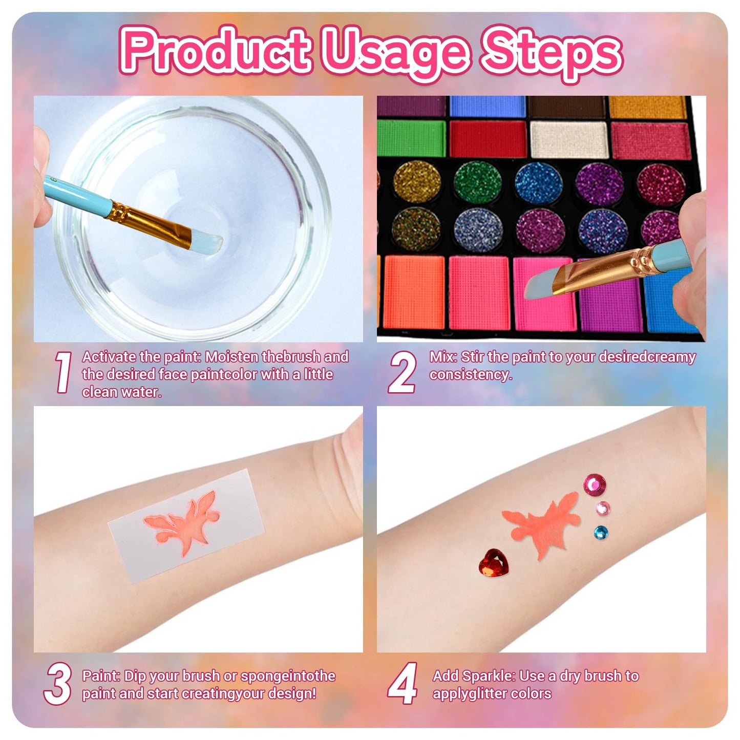 Ruihangda 42 Colors Face Painting Kit for Kids, Non Toxic Water Based Face Body Paint with Brushes, Stencils, Sponges, Gem Stickers, Washable Makeup
