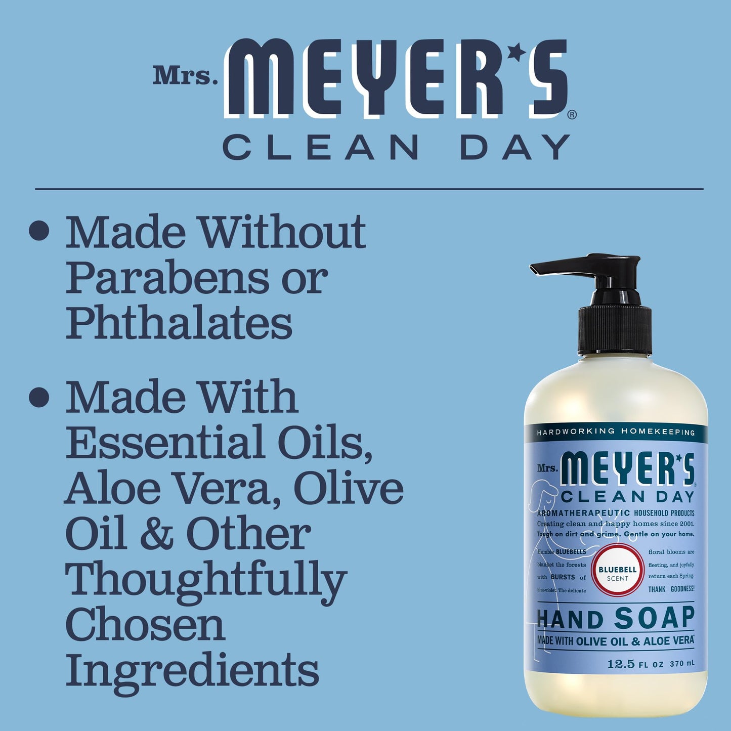 MRS. MEYER'S Clean Day Hand Soap, Made with Essential Oils, Biodegradable Formula, Bluebell, 12.5 fl. oz