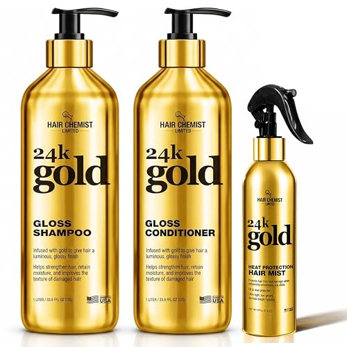 Hair Chemist 24K Gold Gloss 3-Piece Hair Care Set - Gloss Shampoo 33.8oz, Conditioner 33.8oz & Heat Protection Hair Mist 8oz - Shine Enhancing