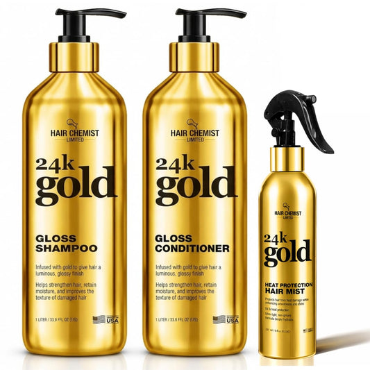 Hair Chemist 24K Gold Gloss 3-Piece Hair Care Set - Gloss Shampoo 33.8oz, Conditioner 33.8oz & Heat Protection Hair Mist 8oz - Shine Enhancing