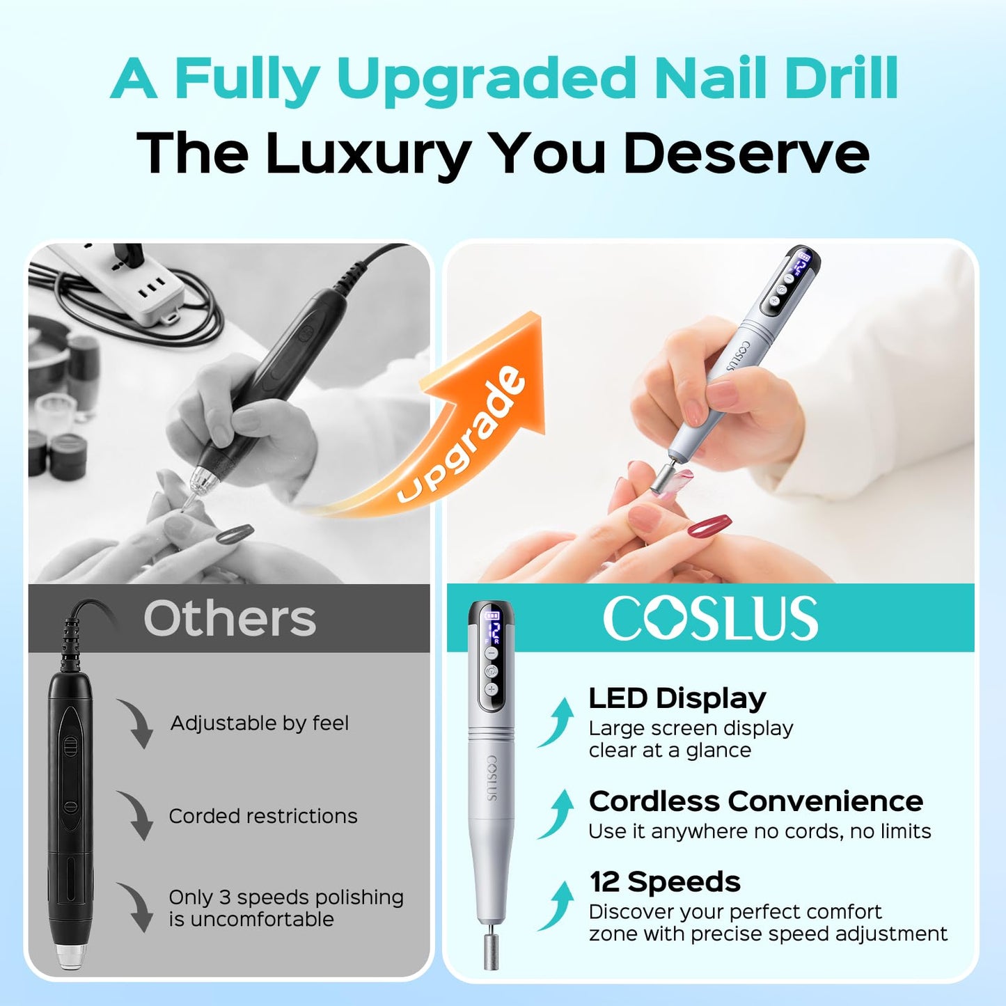 COSLUS C50 Cordless Electric Nail Drill : 12-Speed Professional Nail File with LED Display for All Manicure Shaping & Gel Removal, Nail Art Practice Beauty and Personal Care COSLUS
