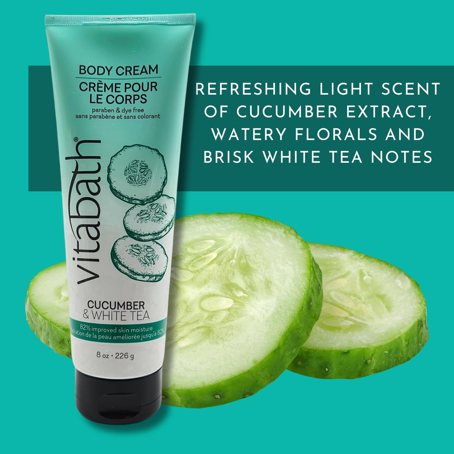 Vitabath Cucumber & White Tea Moisturizing Body Cream - Soothing Hydration Vitamin & Nutrient Skin Care - Replenishing All Over Dry Skin Lotion